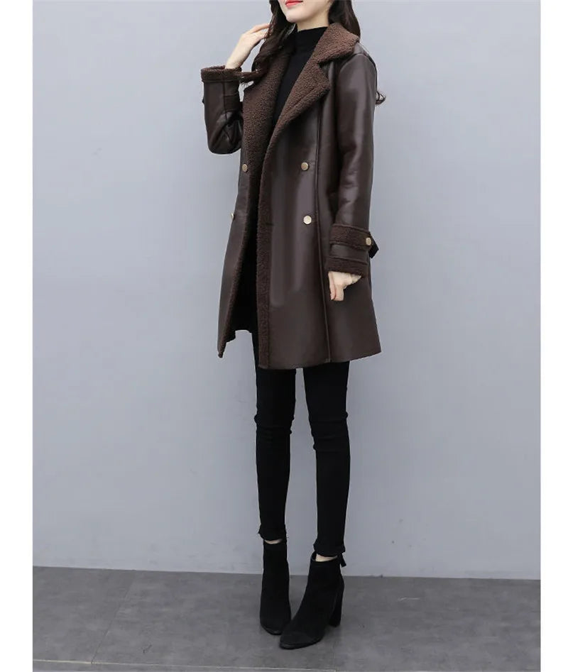 2025 Autumn Winter Jacket New Women's Fur One PU Leather Coats  Loose Ladies Outwear With Thicker Overcoat Female Tops
