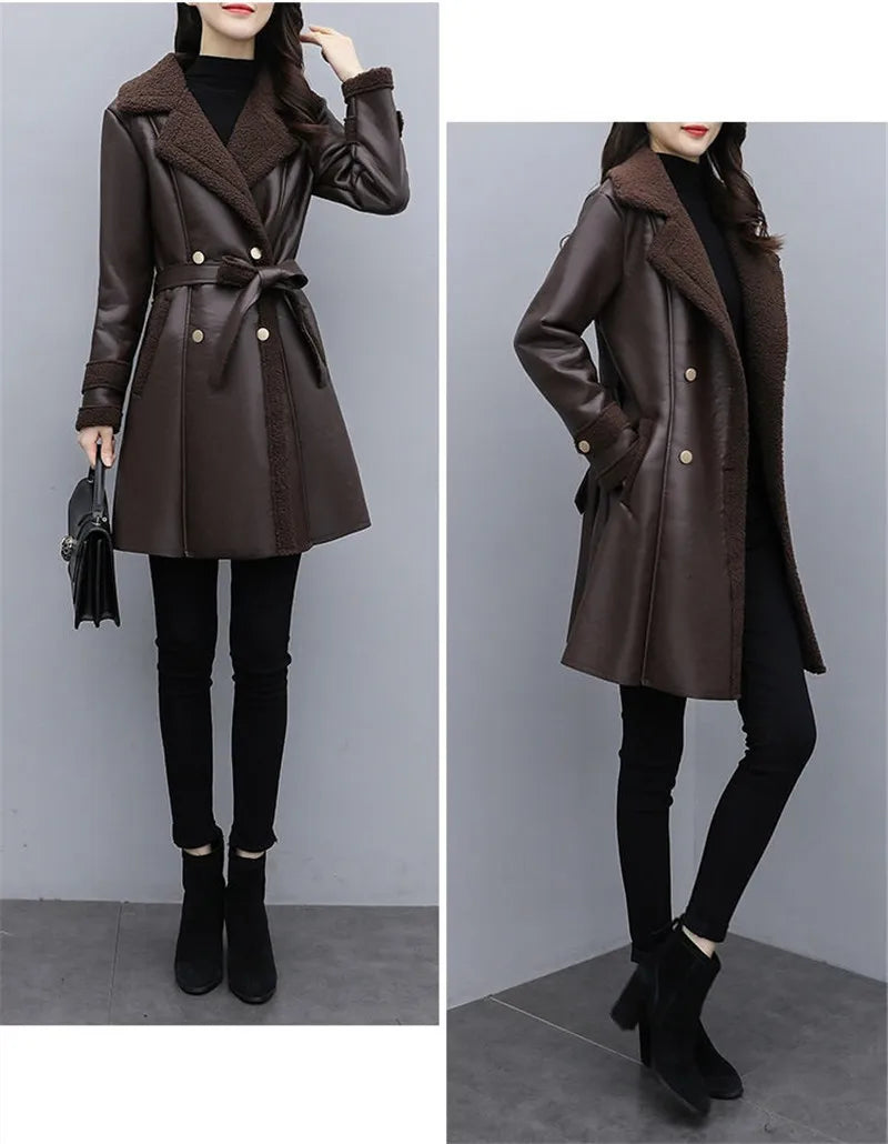 2025 Autumn Winter Jacket New Women's Fur One PU Leather Coats  Loose Ladies Outwear With Thicker Overcoat Female Tops