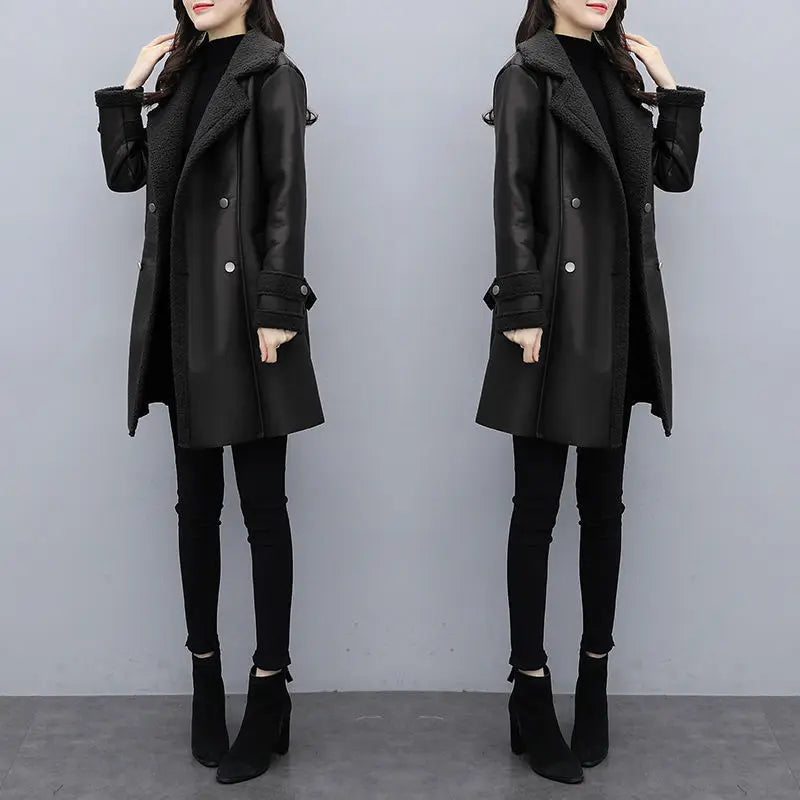 2025 Autumn Winter Jacket New Women's Fur One PU Leather Coats  Loose Ladies Outwear With Thicker Overcoat Female Tops