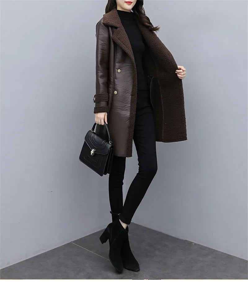 2025 Autumn Winter Jacket New Women's Fur One PU Leather Coats  Loose Ladies Outwear With Thicker Overcoat Female Tops