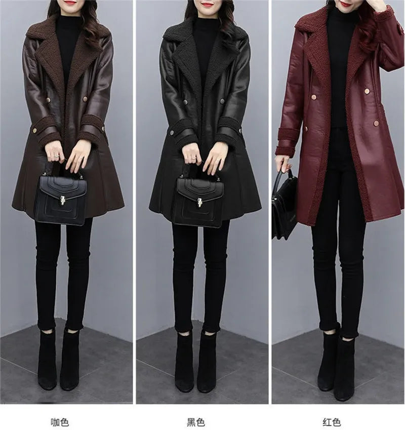 2025 Autumn Winter Jacket New Women's Fur One PU Leather Coats  Loose Ladies Outwear With Thicker Overcoat Female Tops