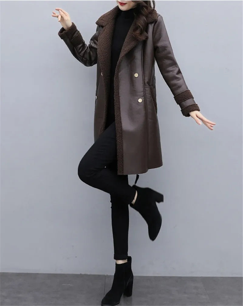 2025 Autumn Winter Jacket New Women's Fur One PU Leather Coats  Loose Ladies Outwear With Thicker Overcoat Female Tops