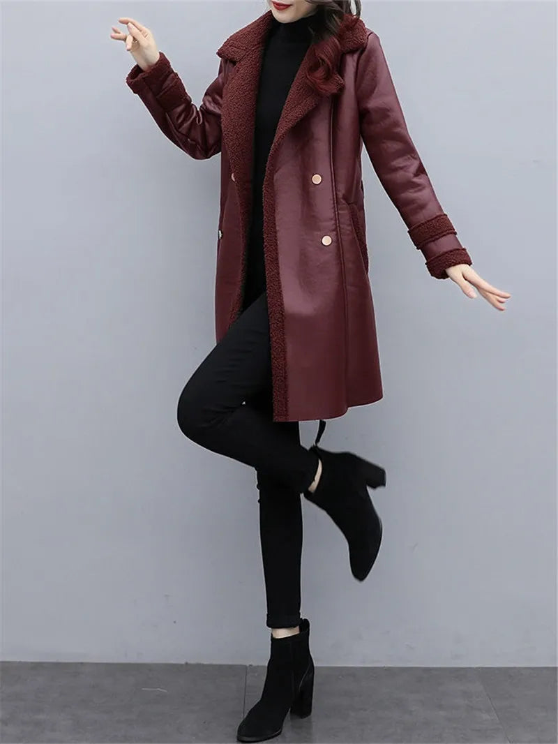2025 Autumn Winter Jacket New Women's Fur One PU Leather Coats  Loose Ladies Outwear With Thicker Overcoat Female Tops