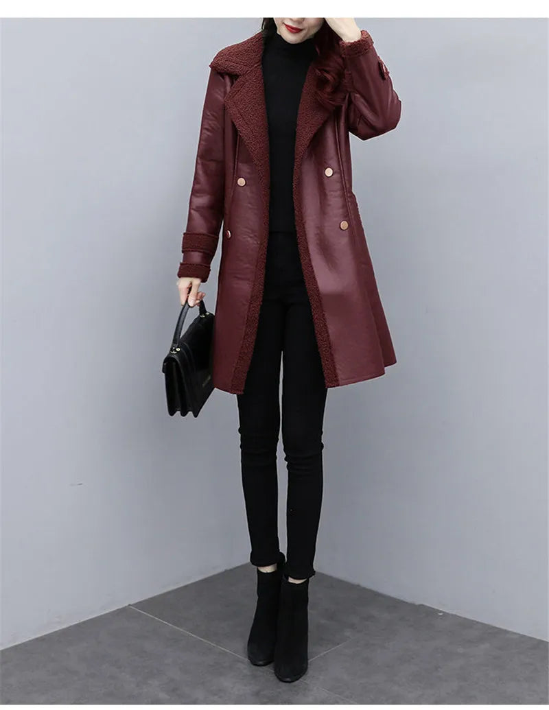 2025 Autumn Winter Jacket New Women's Fur One PU Leather Coats  Loose Ladies Outwear With Thicker Overcoat Female Tops