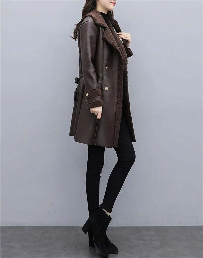 2025 Autumn Winter Jacket New Women's Fur One PU Leather Coats  Loose Ladies Outwear With Thicker Overcoat Female Tops
