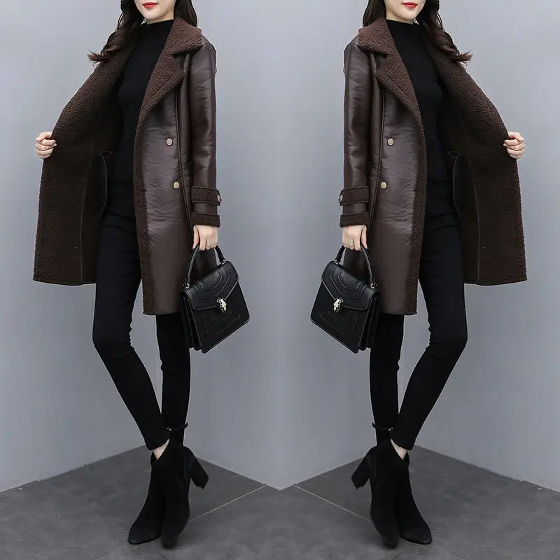 2025 Autumn Winter Jacket New Women's Fur One PU Leather Coats  Loose Ladies Outwear With Thicker Overcoat Female Tops