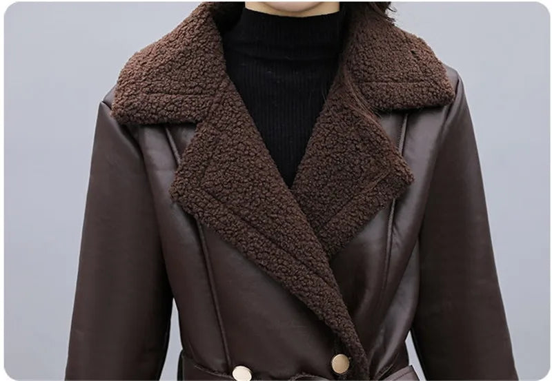 2025 Autumn Winter Jacket New Women's Fur One PU Leather Coats  Loose Ladies Outwear With Thicker Overcoat Female Tops