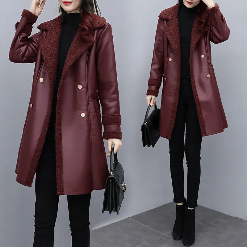 2025 Autumn Winter Jacket New Women's Fur One PU Leather Coats  Loose Ladies Outwear With Thicker Overcoat Female Tops