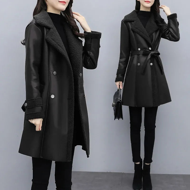 2025 Autumn Winter Jacket New Women's Fur One PU Leather Coats  Loose Ladies Outwear With Thicker Overcoat Female Tops