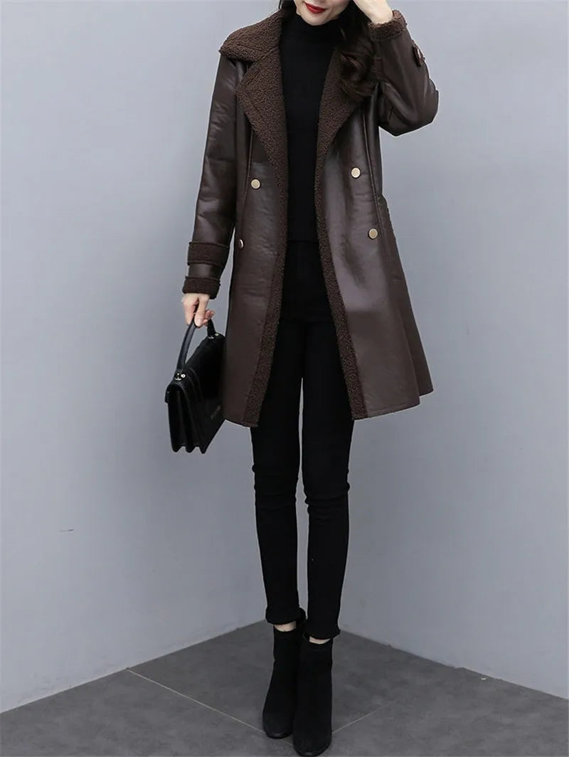 2025 Autumn Winter Jacket New Women's Fur One PU Leather Coats  Loose Ladies Outwear With Thicker Overcoat Female Tops