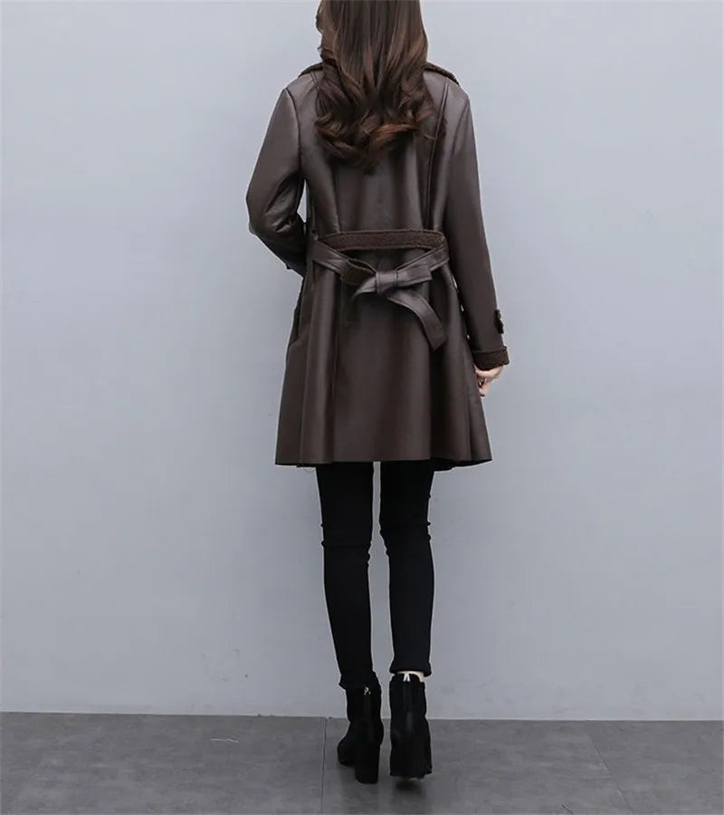 2025 Autumn Winter Jacket New Women's Fur One PU Leather Coats  Loose Ladies Outwear With Thicker Overcoat Female Tops