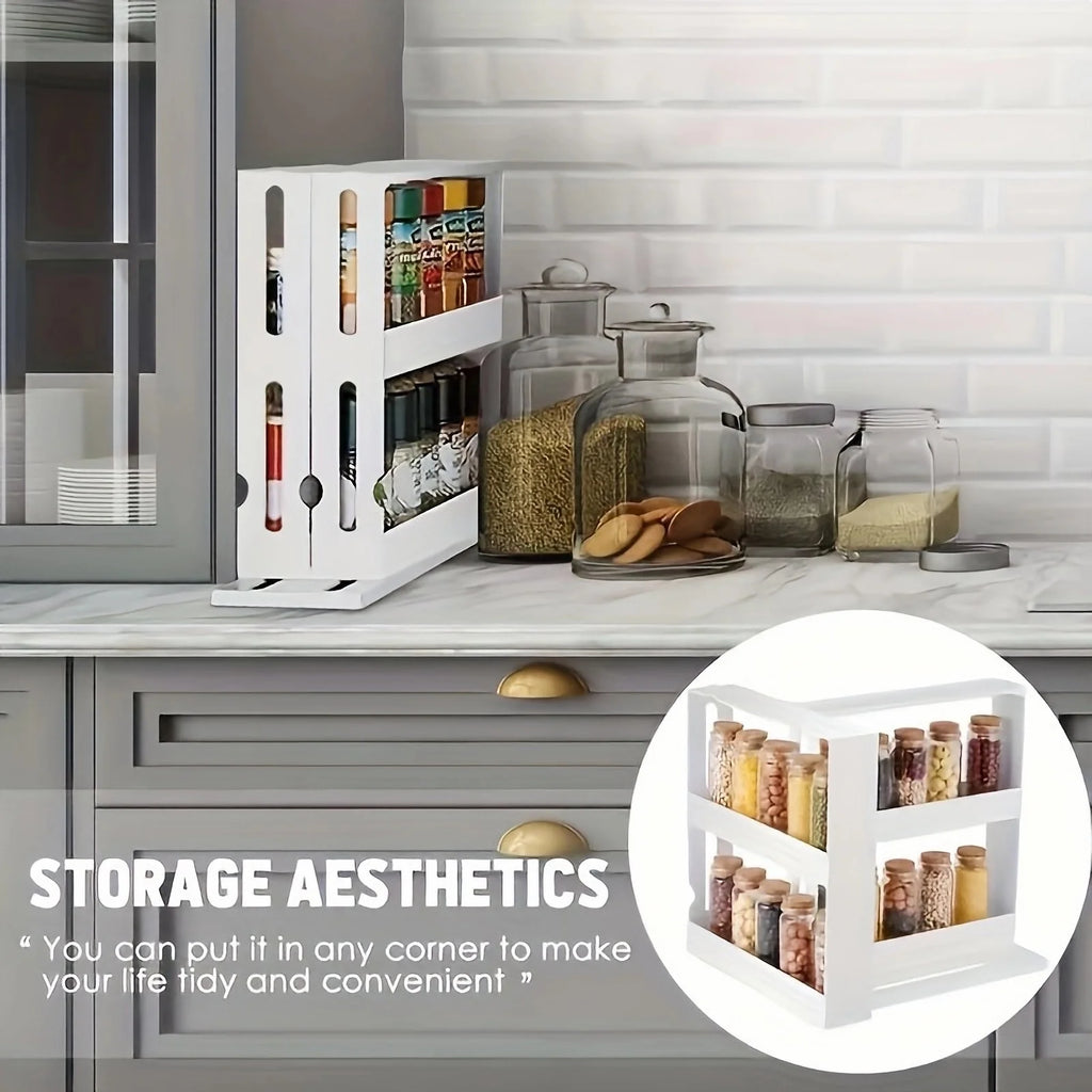 1 PC spice storage rack,90 degree swivel item storage rack, countertop 2 tier storage rack,small storage and organizer rack