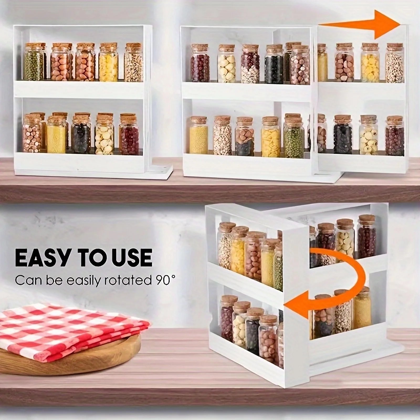 1 PC spice storage rack,90 degree swivel item storage rack, countertop 2 tier storage rack,small storage and organizer rack